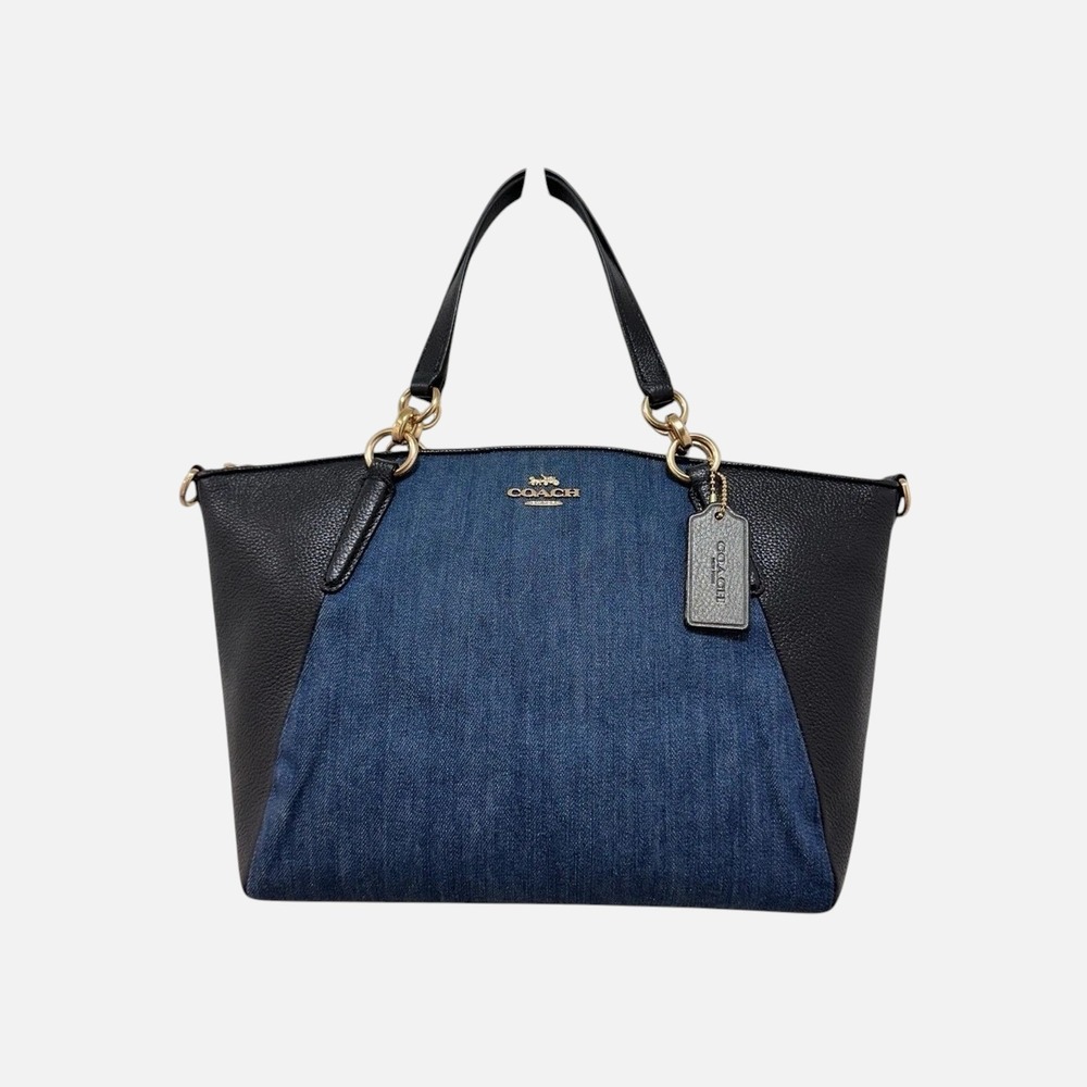Coach Satchel Bag Kelsey Denim Colorblock Black Pebbled Leather F26159